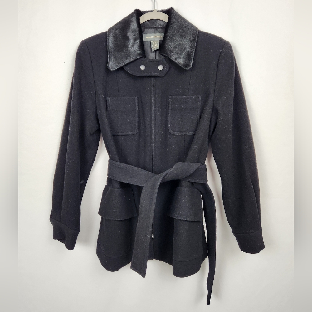 Banana Republic Wool Faux Fur Collar Black Belted Trench Coat Size Small